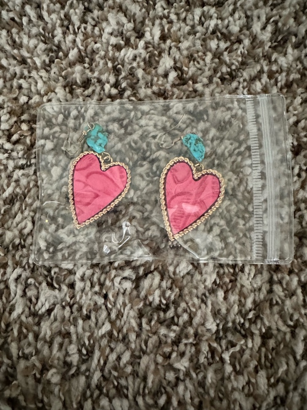 Pink Heart Drop Earrings with Turquoise Accent